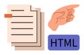 Hand Pointing at HTML with Documents Representing Web Development or Coding Reference Royalty Free Stock Photo