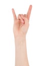 Hand gesture - Rock sign, isolated on a white background. female palms indicate something, blank for your design.