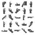 Hand gesture silhouette. Pointing hand gesture, giving handful and hold in hand vector icon illustration set