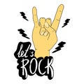 Hand with gesture, text Rock and stars doodle emblem, symbol isolated on white background. Grunge print.