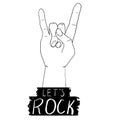 Hand with gesture, text Rock and stars doodle emblem, symbol isolated on white background. Grunge print.