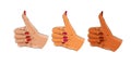Hand gesture, thumbs up, pop art sketch, white, afro american, asian set Royalty Free Stock Photo