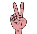 Hand gesture V sign for victory or peace icon. Doodle cartoon style. Isolated vector illustration on white Royalty Free Stock Photo