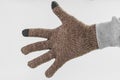 Hand gesture in warm winter wool gloves with five fingers on a white background