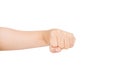 Hand gesture. Woman clenched fist, ready to punch, isolated on white, close-up, copy space, activity concept,feminism Royalty Free Stock Photo