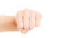 Hand gesture. Woman clenched fist, ready to punch, isolated on white, close-up, copy space, activity concept,feminism Royalty Free Stock Photo