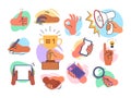 Hand gestures. Arms holding megaphone and search magnifier. Palms with smartphone or tablet. Handshake and okay symbols Royalty Free Stock Photo