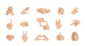 Hand gestures emoticons. Communication icons with pointing fingers, open palms, arms and fists. Handshakes, peace and Royalty Free Stock Photo