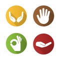 Hand gestures flat design long shadow icons set