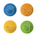 Hand gestures flat linear long shadow icons set