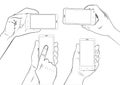 Hand gestures holding smartphone touchscreen sketch set isolated