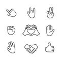 Hand gestures icons. Set of 9 hand line icons isolated on white background Royalty Free Stock Photo