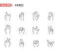 Hand gestures and language thin line icon set .