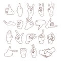 Hand gestures outline, finger marks, sign language icon set, stencil, logo, silhouette. Line drawing of wrist, hands showing