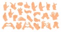 Hand gestures poses. Cartoon human hands showing different signs. Fingers and palm gesture. Showing position stop, heart Royalty Free Stock Photo