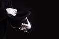 Hand gestures. Showman shows disappearing tricks in a hat, white gloves and black top hat,