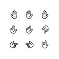 Hand gestures and sign language thin line icon set