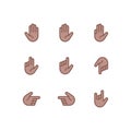 Hand gestures and sign language thin line icon set