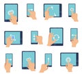 Hand gestures touching screen devices. Fingers gesture for tablet and smartphone using touchscreen technology Royalty Free Stock Photo