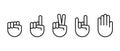 Hand gestures vector icon set. Fist, scissors, palm, rock sign hand and forefinger point. Hand line symbol