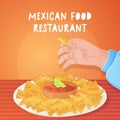 Hand get Mexican nacho from a plate with salsa. Latino american food illustration in cartoon style