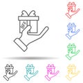 hand and gift multi color style icon. Simple thin line, outline of friendship icons for ui and ux, website or mobile