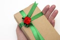 Hand of girl holding a holiday Gift Packed in paper and tied with a green ribbon with a red rose flower