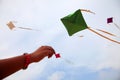 Hand of a girl raises a kite in a sky