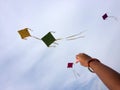 Hand of a girl raises a kite in a sky