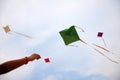 Hand of a girl raises a kite in a sky