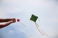 Hand of a girl raises a kite in a sky