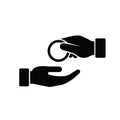 Hand give coin money to other hand icon. Vector silhouette simple illustration