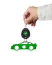 Hand give electric car key sports car green leaves keyring