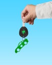 Hand give electric car key sports car green leaves keyring