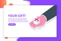 Hand give Giftbox, Present with red ribbon. Royalty Free Stock Photo