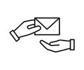 Hand give mail, line icon. Hand holding letter private document. Fraud and bribery. Vector