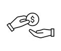 Hand give money, line icon. Hand holding coin dollar. Fraud and bribery. Vector