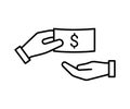 Hand give money, line icon. Hand holding dollar. Fraud and bribery. Vector