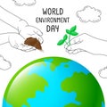 Hand give young green plant and soil to earth.