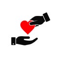 Hand gives heart icon in flat style. Giving love concept, donate concept, health symbol