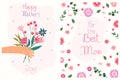 A hand giving a bright bouquet of wildflowers and a floral Mother's Day greeting card. Bright composition is