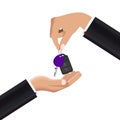 Hand giving car keys. Concept of buying or renting car. Vector