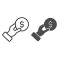 Hand giving coin line and solid icon. Business man holding dollar symbol, outline style pictogram on white background Royalty Free Stock Photo