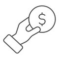 Hand giving coin thin line icon. Business man holding dollar symbol, outline style pictogram on white background. Money Royalty Free Stock Photo