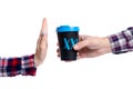 Hand giving cup of coffee to hand renouncement Royalty Free Stock Photo