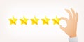 Hand giving five star rating. Vector illustration flat