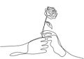 Hand giving a flower continuous one line drawing. Hand`s man holds a rose and gives it to someone. Character a couple romantic
