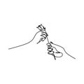 Hand giving a flower one line drawing vector. Continuous lineart of couple romantic minimalist design Royalty Free Stock Photo