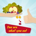 Hand giving healthy eating. Food choice concept. You are what you eat