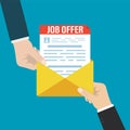 Hand giving job offer document in big yellow envelope. Recruitment process. Company hiring. Important notice. New employee take